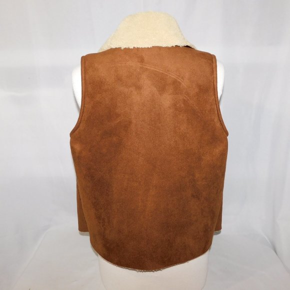 Chaps Petite Womens Medium Faux Brown Suede Shearling Open Vest - Picture 6 of 8